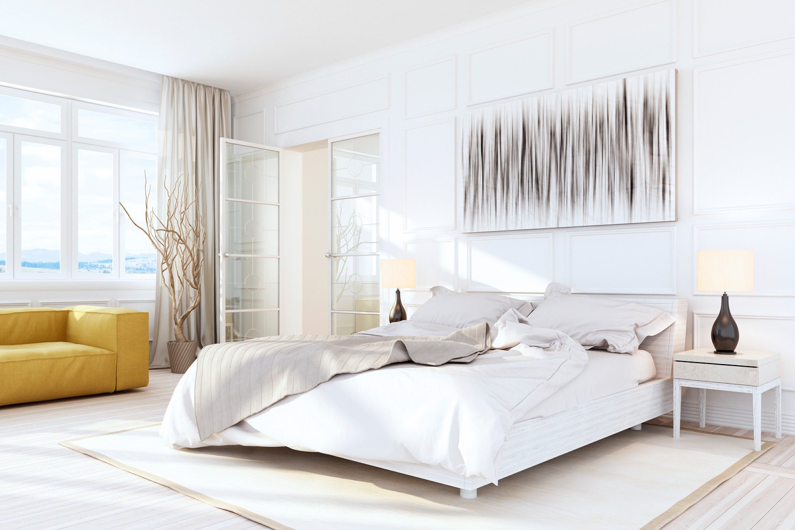 biała minimalistyczna sypialnia