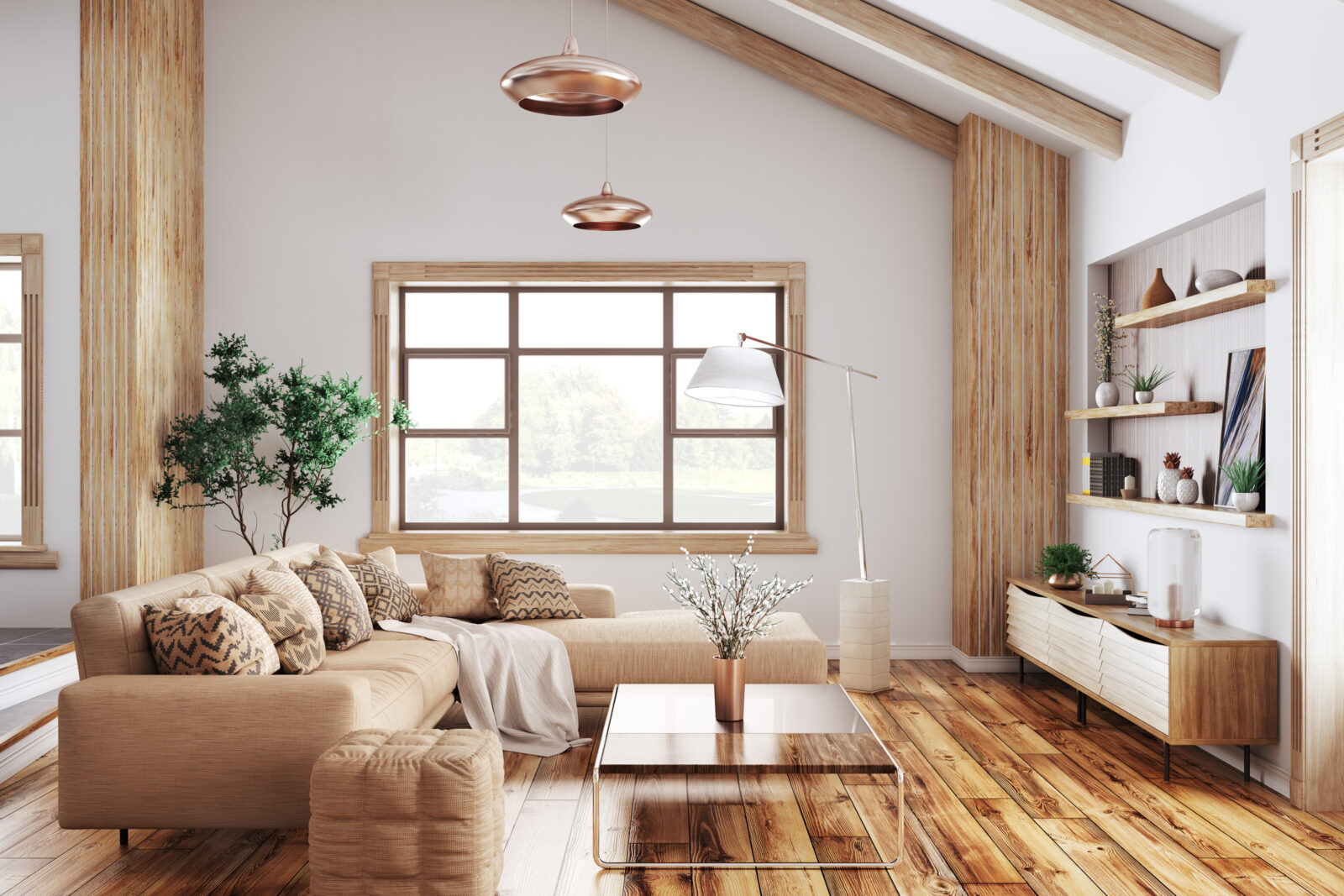 drewniana podłoga, sofa, okno