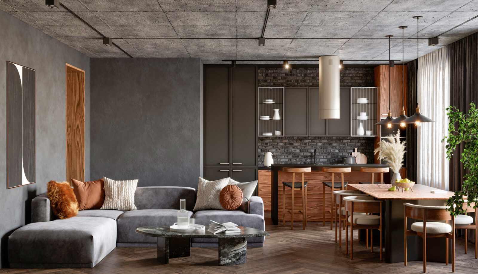 salon z kuchnią, sofa, stół z krzesłami, betonowy sufit