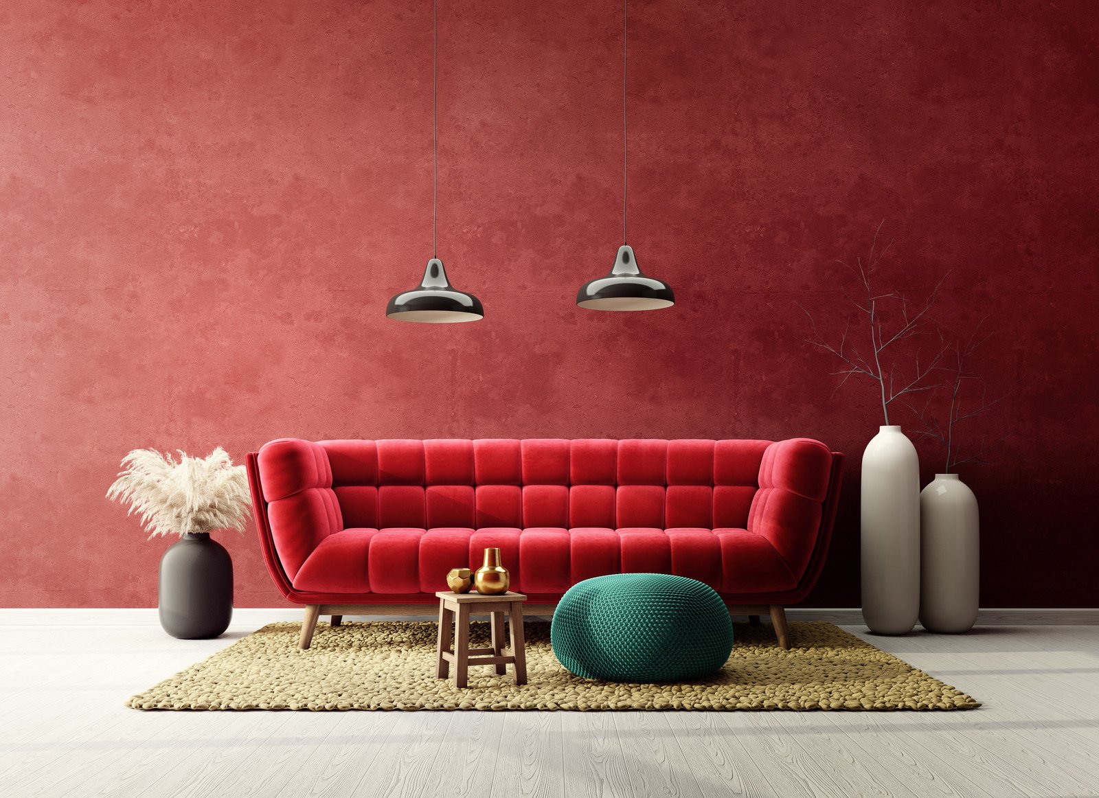 czerwona sofa, lampy wiszące