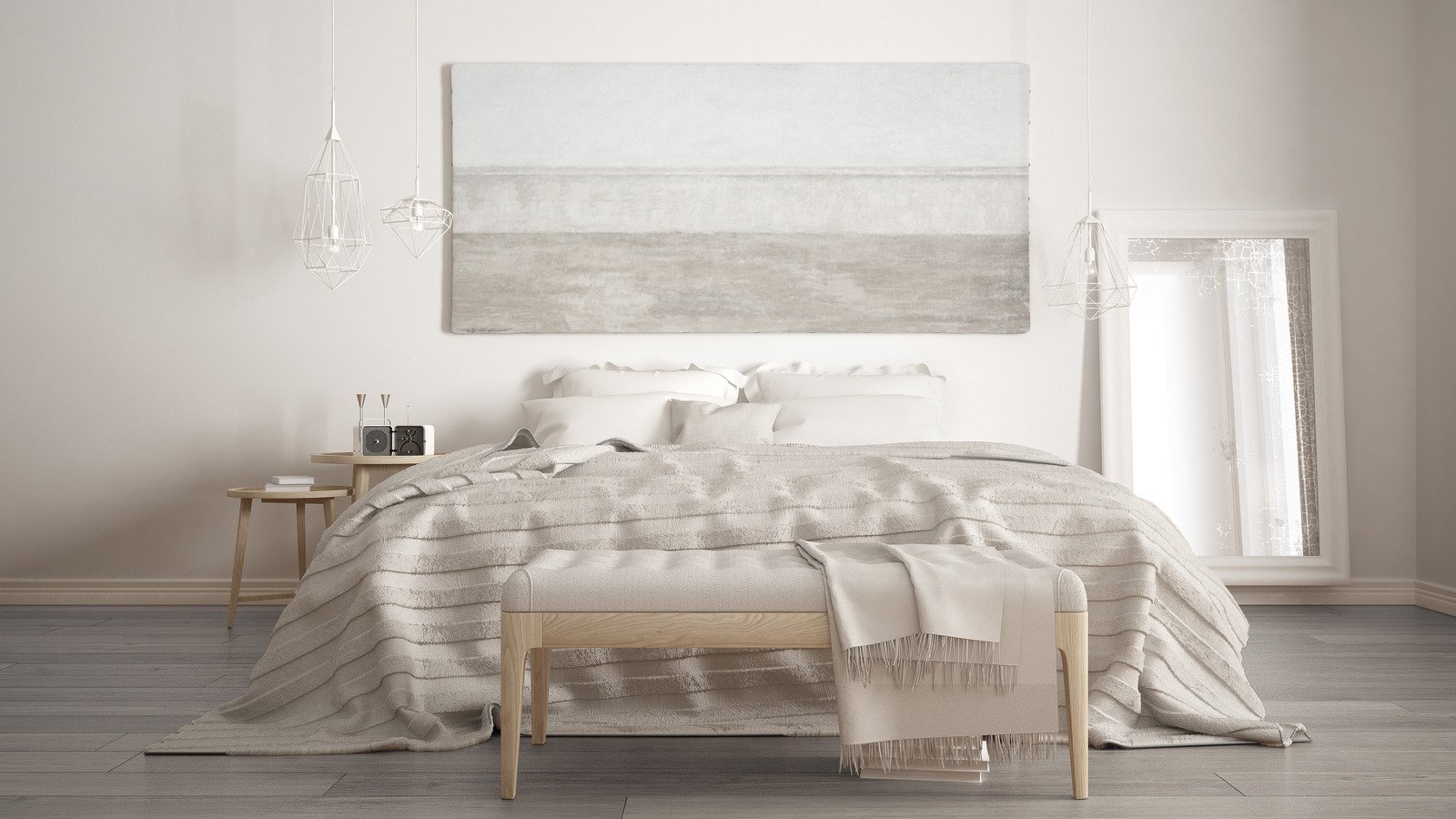 jasne łóżko, obraz na ścianie