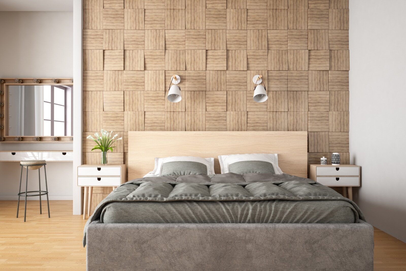 szare łóżko, drewniana ściana